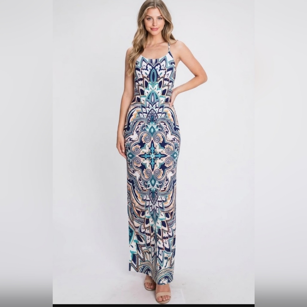 Silvergate Boho Medallion Paisley Strappy Lattice Back Maxi Dress L
